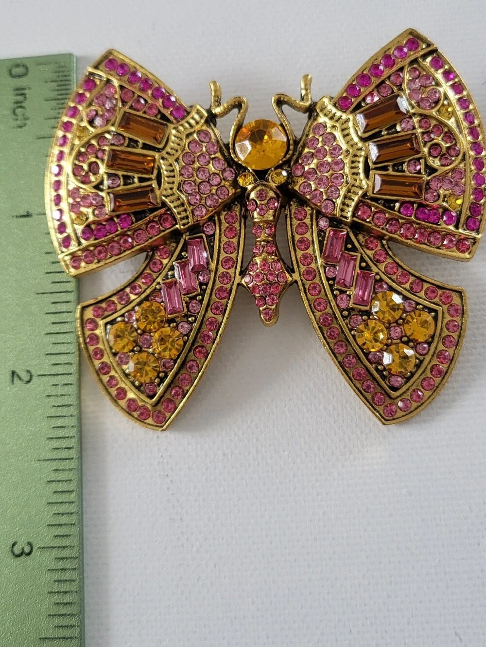 Gorgeous Gold-Tone Pink & Yellow Rhinestones Butterfly Brooch